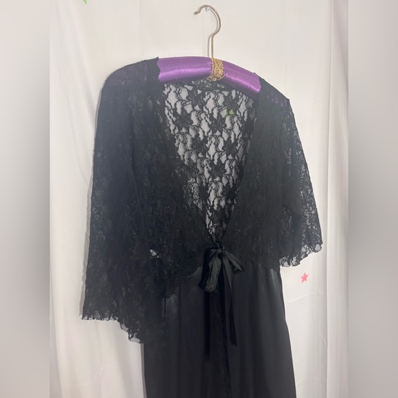 Black Lace Satin Whimsigoth Maxi Length Open Front Bowtie 3/4 Sleeve Robe Size M - Picture 13 of 14